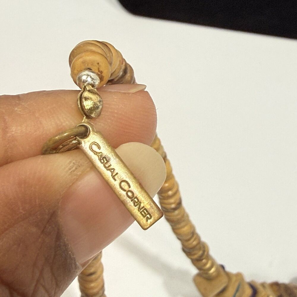 Vintage Casual Corner Double Strand Beaded Necklace Boho Wood Gold Tone Signed - Picture 7 of 16